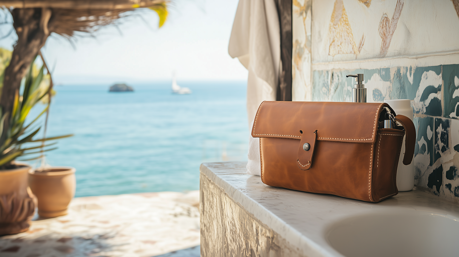 trousse de toilette avec une anse sur le coté en cuir dans une salle de bain exotique vu sur la mer