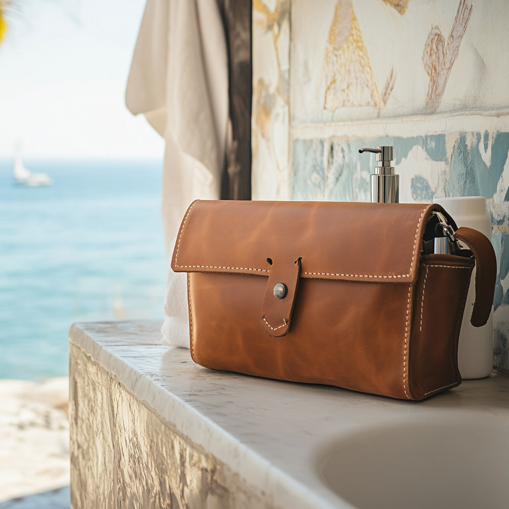 trousse de toilette avec une anse sur le coté en cuir dans une salle de bain exotique vu sur la mer
