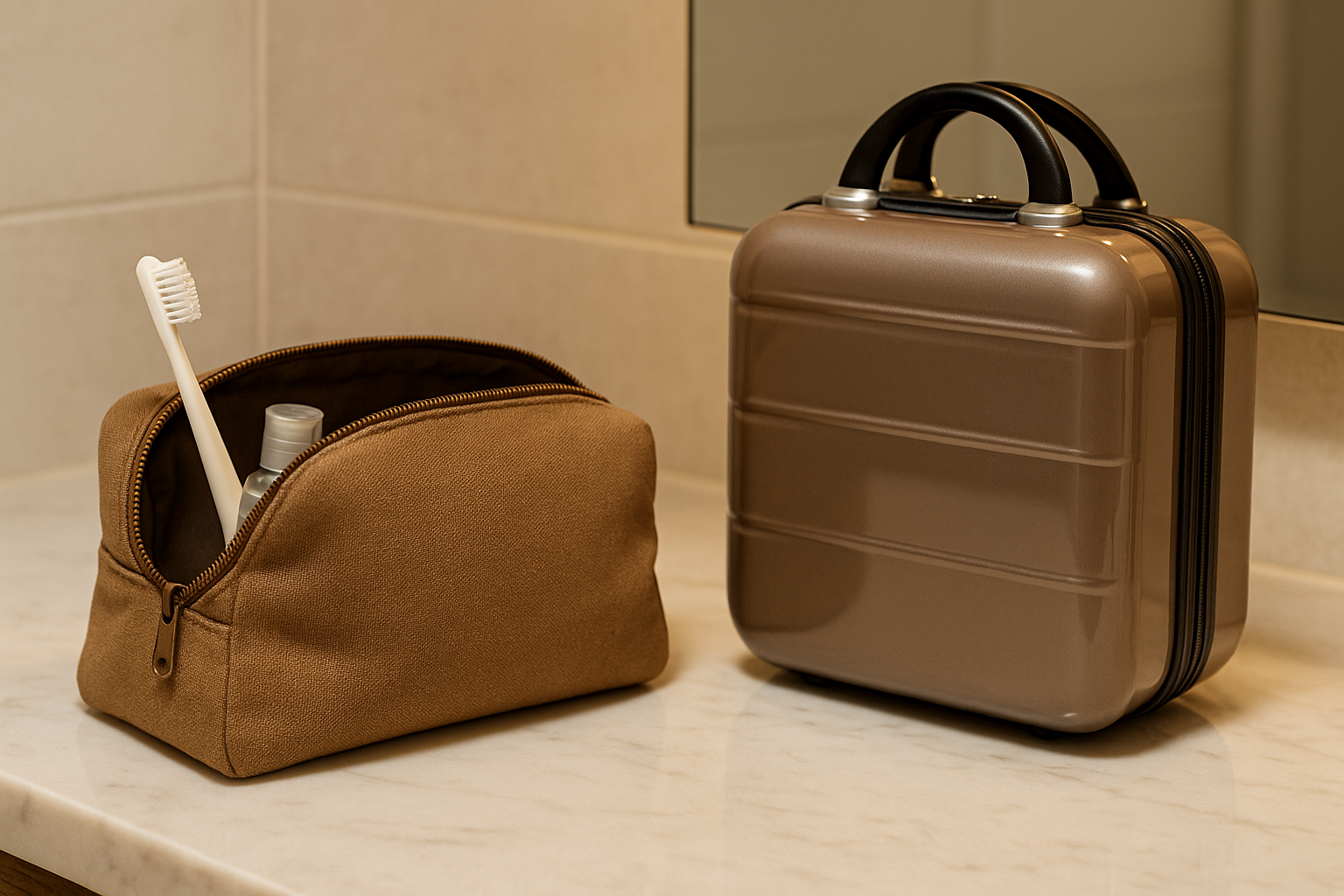 Image d'un vanity et d'une trousse de toilette dans une salle de bain 