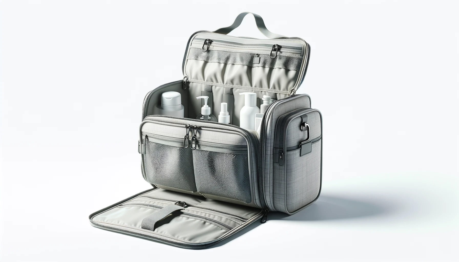 Trousse de Toilette à suspendre dans un fond blanc professionel