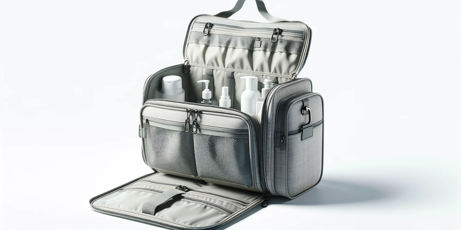 Trousse de Toilette à suspendre dans un fond blanc professionel