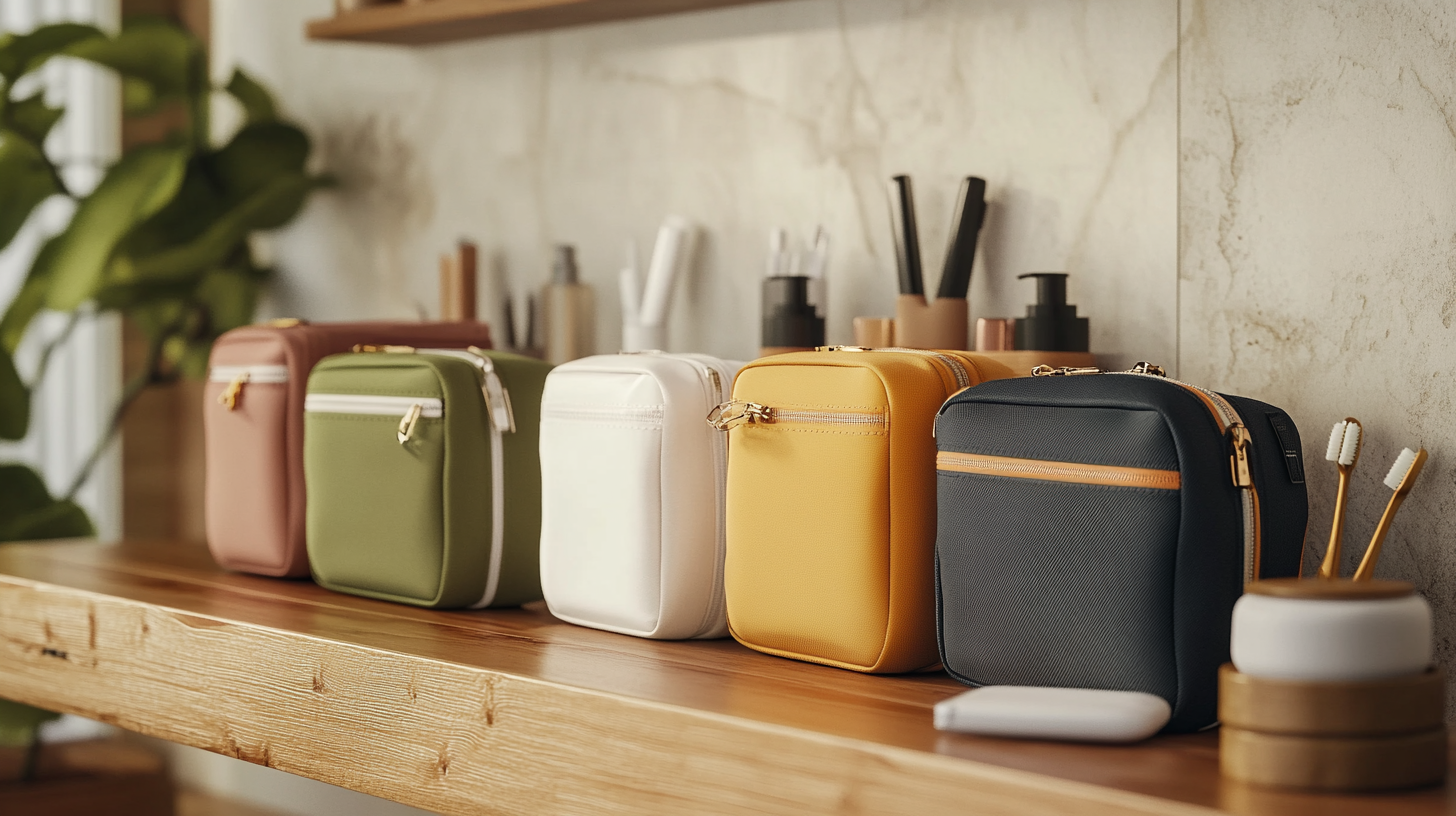 plusieur trousse de toilette dans un fond coloré