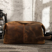 Trousse de Toilette Ancienne en Cuir Marron